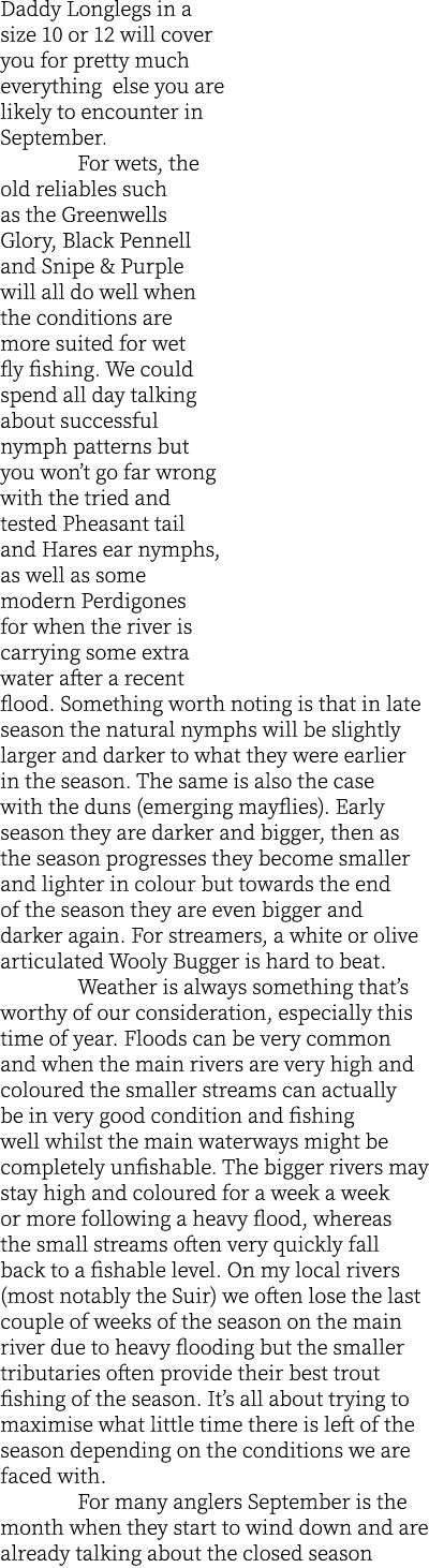 Daddy Longlegs in a size 10 or 12 will cover you for pretty much everything else you are likely to encounter in Septe...