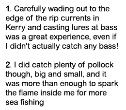 1. Carefully wading out to the edge of the rip currents in Kerry and casting lures at bass was a great experience, ev...