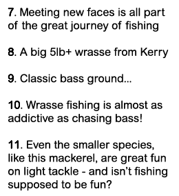 7. Meeting new faces is all part of the great journey of fishing 8. A big 5lb+ wrasse from Kerry 9. Classic bass grou...