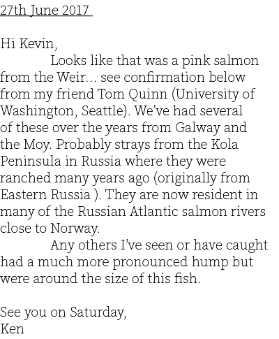 27th June 2017  Hi Kevin, Looks like that was a pink salmon from the Weir... see confirmation below from my friend To...