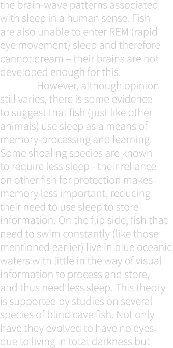 the brain-wave patterns associated with sleep in a human sense. Fish are also unable to enter REM (rapid eye movement...