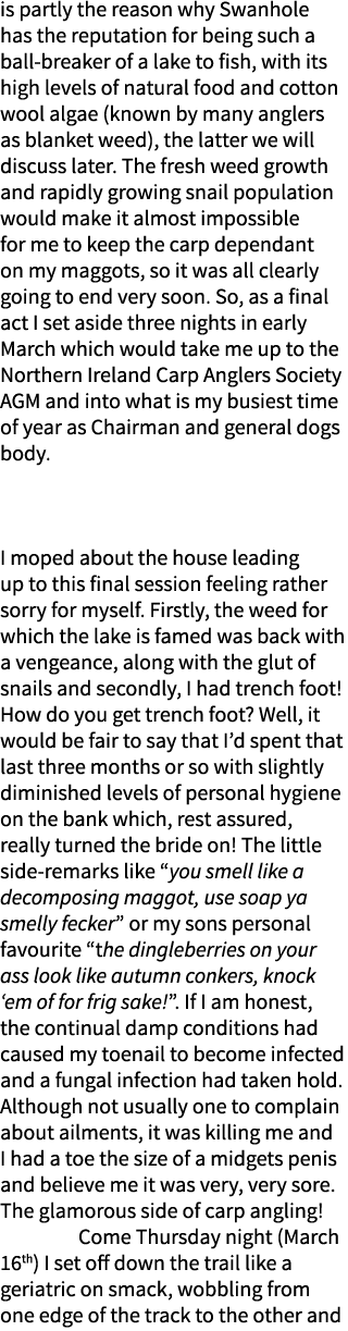 is partly the reason why Swanhole has the reputation for being such a ball-breaker of a lake to fish, with its high l...