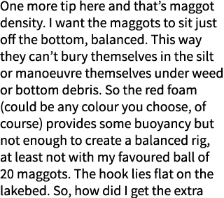 One more tip here and that’s maggot density. I want the maggots to sit just off the bottom, balanced. This way they c...