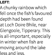 Left: A chunky rainbow which fell once the fish’s favoured depth had been found at Loch Doire Bhile, near Glengoole, ...