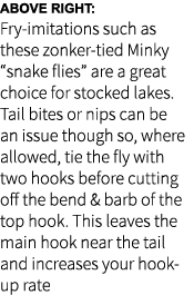 Above right: Fry-imitations such as these zonker-tied Minky “snake flies” are a great choice for stocked lakes. Tail ...