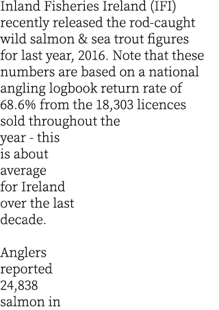 Inland Fisheries Ireland (IFI) recently released the rod-caught wild salmon & sea trout figures for last year, 2016. ...