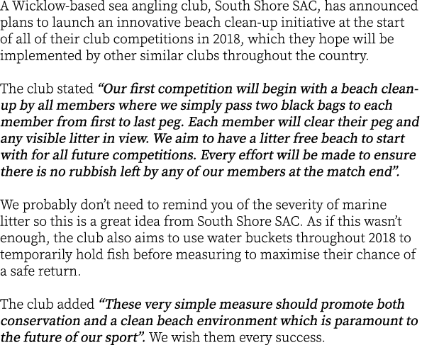 A Wicklow-based sea angling club, South Shore SAC, has announced plans to launch an innovative beach clean-up initiat...