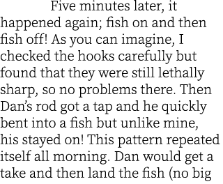  Five minutes later, it happened again; fish on and then fish off! As you can imagine, I checked the hooks carefully ...