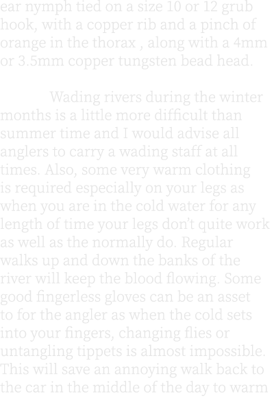 ear nymph tied on a size 10 or 12 grub hook, with a copper rib and a pinch of orange in the thorax , along with a 4mm...