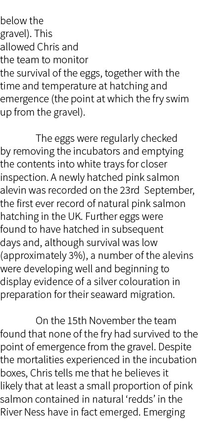  below the gravel). This allowed Chris and the team to monitor the survival of the eggs, together with the time and t...