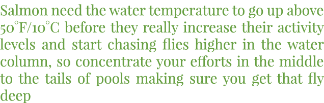 Salmon need the water temperature to go up above 50°F/10°C before they really increase their activity levels and star...
