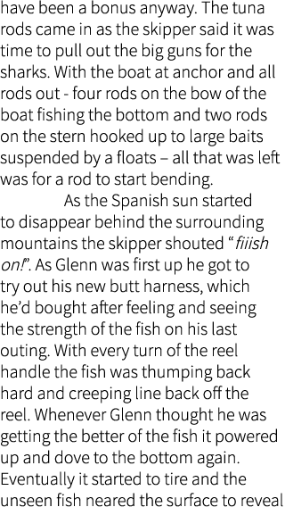 have been a bonus anyway. The tuna rods came in as the skipper said it was time to pull out the big guns for the shar...