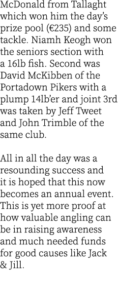 McDonald from Tallaght which won him the day’s prize pool (€235) and some tackle. Niamh Keogh won the seniors section...