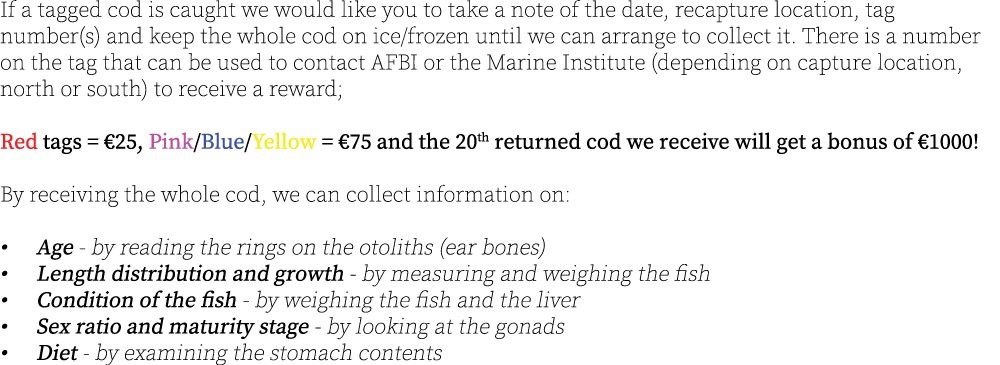 If a tagged cod is caught we would like you to take a note of the date, recapture location, tag number(s) and keep th...