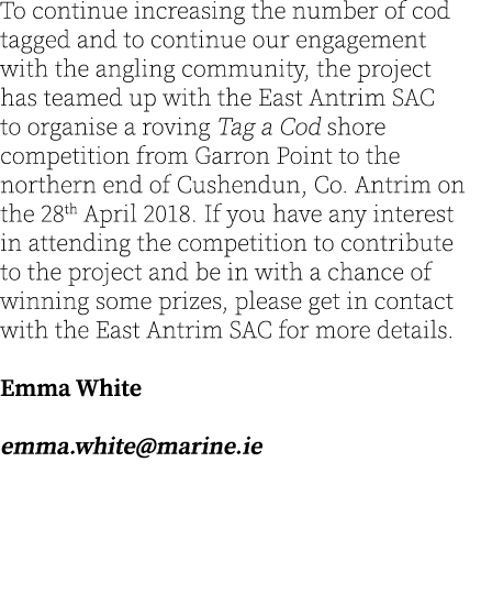 To continue increasing the number of cod tagged and to continue our engagement with the angling community, the projec...