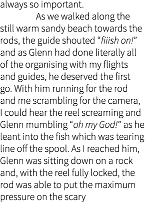 always so important. As we walked along the still warm sandy beach towards the rods, the guide shouted “fiiish on!” a...