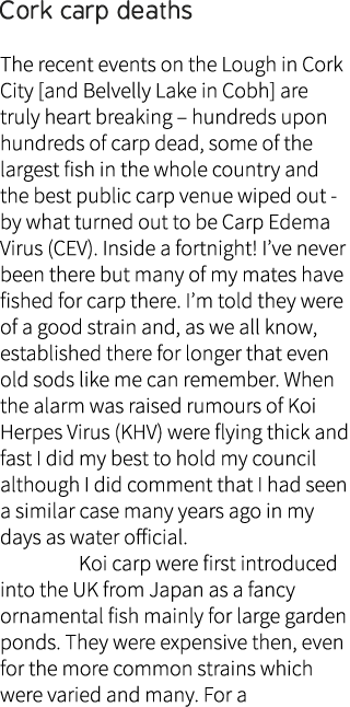 Cork carp deaths The recent events on the Lough in Cork City [and Belvelly Lake in Cobh] are truly heart breaking – h...