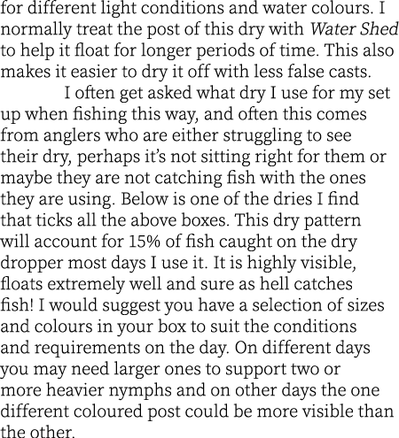 for different light conditions and water colours. I normally treat the post of this dry with Water Shed to help it fl...