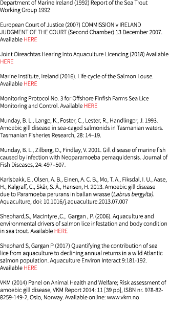Department of Marine Ireland (1992) Report of the Sea Trout Working Group 1992 European Court of Justice (2007) COMMI...