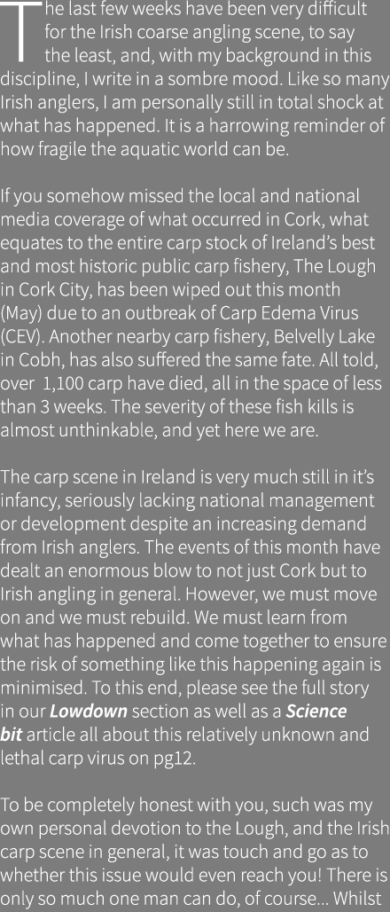 The last few weeks have been very difficult for the Irish coarse angling scene, to say the least, and, with my backgr...