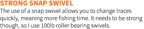 Strong Snap swivel The use of a snap swivel allows you to change traces quickly, meaning more fishing time. It needs ...