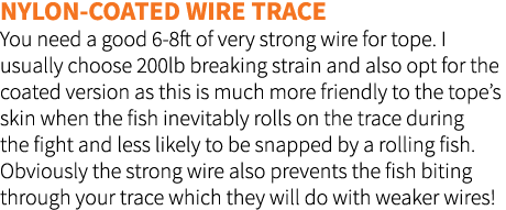 Nylon-coated wire trace You need a good 6-8ft of very strong wire for tope. I usually choose 200lb breaking strain an...