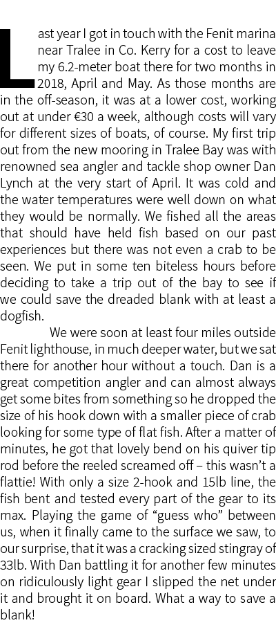 Last year I got in touch with the Fenit marina near Tralee in Co. Kerry for a cost to leave my 6.2-meter boat there f...