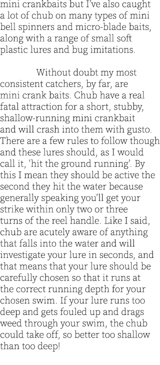 mini crankbaits but I’ve also caught a lot of chub on many types of mini bell spinners and micro-blade baits, along w...