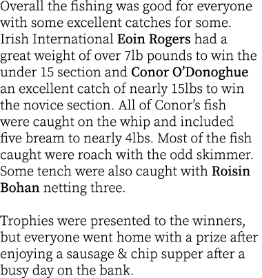 Overall the fishing was good for everyone with some excellent catches for some. Irish International Eoin Rogers had a...