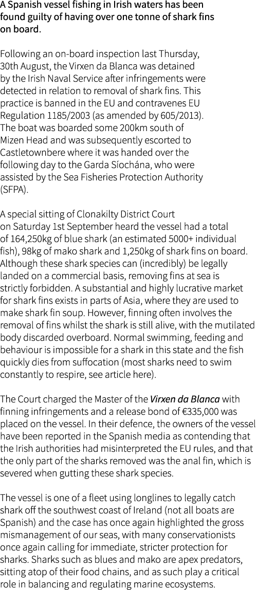 A Spanish vessel fishing in Irish waters has been found guilty of having over one tonne of shark fins on board. Follo...