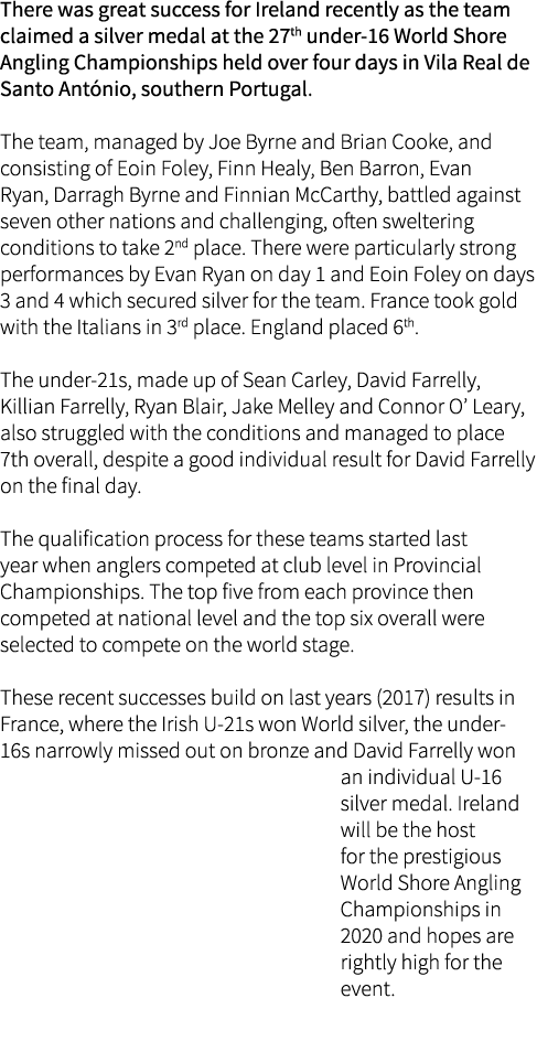 There was great success for Ireland recently as the team claimed a silver medal at the 27th under-16 World Shore Angl...