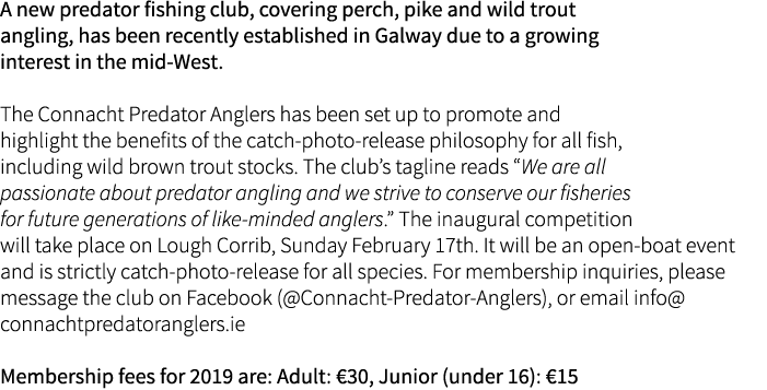 A new predator fishing club, covering perch, pike and wild trout angling, has been recently established in Galway due...