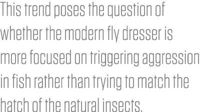 This trend poses the question of whether the modern fly dresser is more focused on triggering aggression in fish rath...