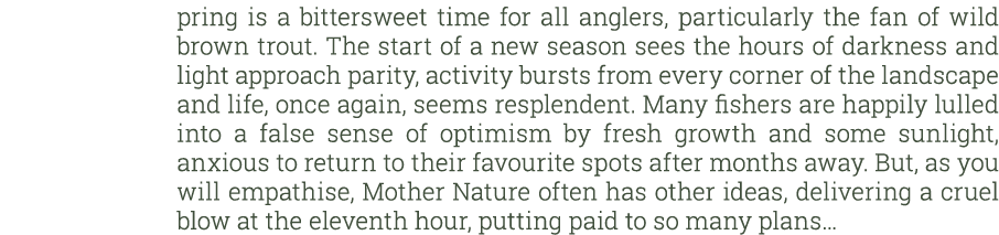 Spring is a bittersweet time for all anglers, particularly the fan of wild brown trout. The start of a new season see...