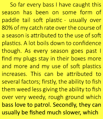    So far every bass I have caught this season has been on some form of paddle tail soft plastic - usually over 80% o...