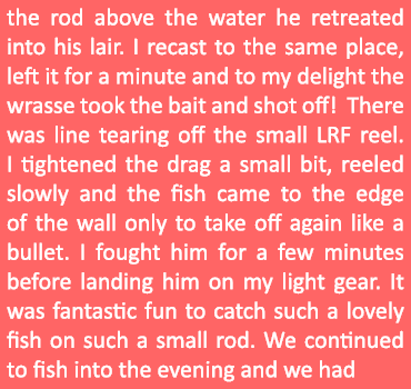 the rod above the water he retreated into his lair. I recast to the same place, left it for a minute and to my deligh...