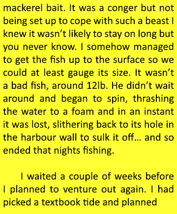 mackerel bait. It was a conger but not being set up to cope with such a beast I knew it wasn’t likely to stay on long...