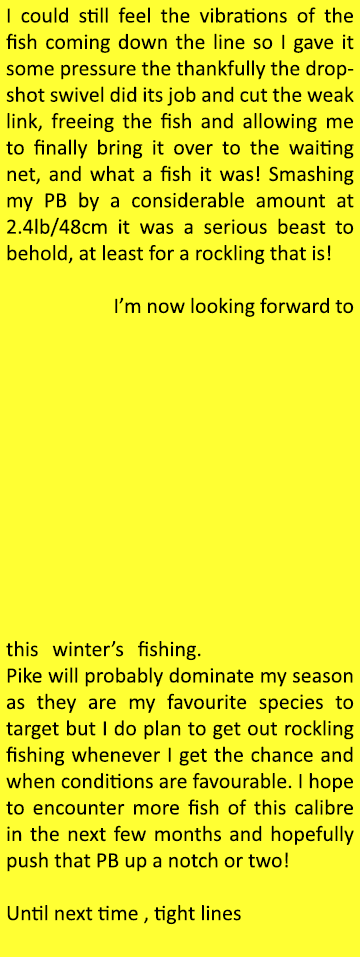 I could still feel the vibrations of the fish coming down the line so I gave it some pressure the thankfully the drop...