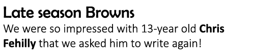 Late season Browns We were so impressed with 13-year old Chris Fehilly that we asked him to write again!