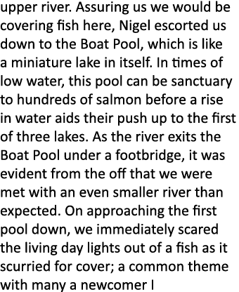 upper river. Assuring us we would be covering fish here, Nigel escorted us down to the Boat Pool, which is like a min...