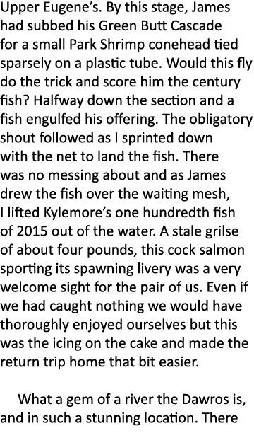 Upper Eugene’s. By this stage, James had subbed his Green Butt Cascade for a small Park Shrimp conehead tied sparsely...