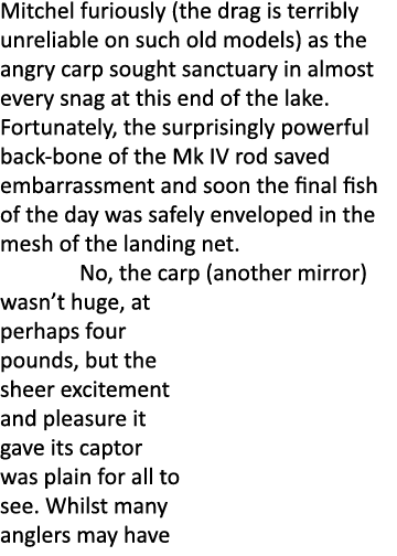 Mitchel furiously (the drag is terribly unreliable on such old models) as the angry carp sought sanctuary in almost e...