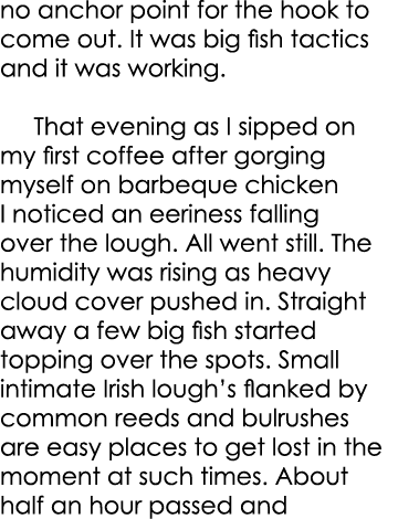 no anchor point for the hook to come out. It was big fish tactics and it was working.    That evening as I sipped on ...