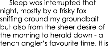    Sleep was interrupted that night, mostly by a frisky fox sniffing around my groundbait but also from the sheer des...