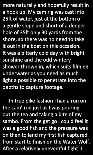 more naturally and hopefully result in a hook up. My cam rig was cast into 25ft of water, just at the bottom of a gen...