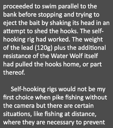 proceeded to swim parallel to the bank before stopping and trying to eject the bait by shaking its head in an attempt...