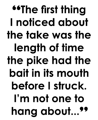 “The first thing I noticed about the take was the length of time the pike had the bait in its mouth before I struck. ...