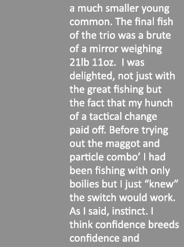 a much smaller young common. The final fish of the trio was a brute of a mirror weighing 21lb 11oz. I was delighted, ...