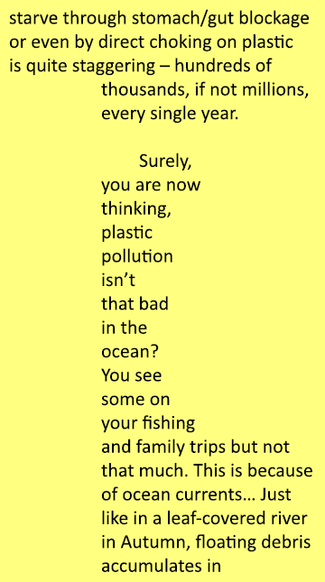 starve through stomach/gut blockage or even by direct choking on plastic is quite staggering – hundreds of thousands,...