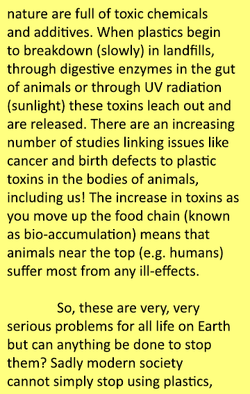 nature are full of toxic chemicals and additives. When plastics begin to breakdown (slowly) in landfills, through dig...